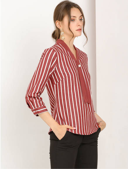 Allegra K - Tie V Neck 3/4 Sleeve Stripe Work Blouse