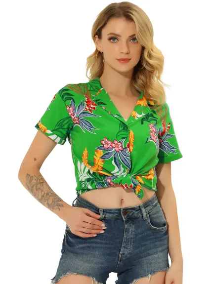 Allegra K- Beach Tropical Floral Leaves Button Down Shirt