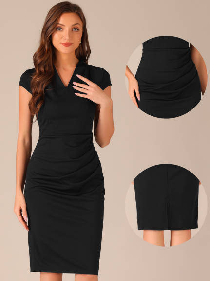 Allegra K - Office Cap Sleeve Ruched Sheath Dress