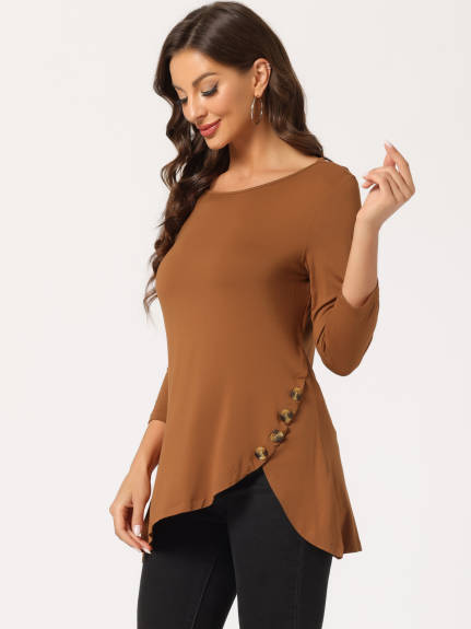 Allegra K- 3/4 Sleeve Tunic Asymmetry Button Top