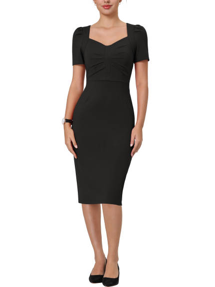 Hobemty- Sweetheart Neck Puff Short Sleeve Sheath Dress