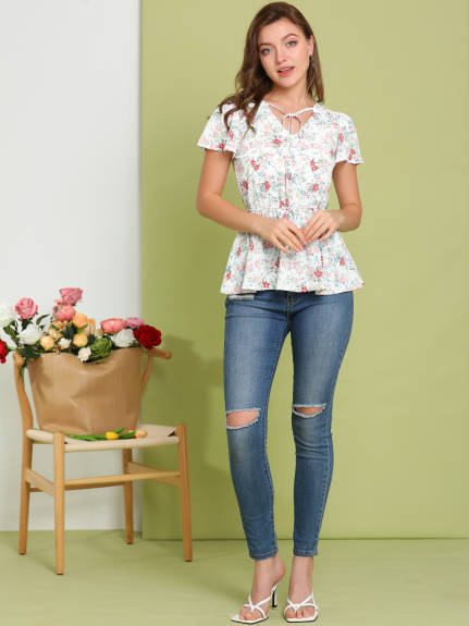 Allegra K - Summer Floral Flutter Sleeves Tie Neck Peplum Top