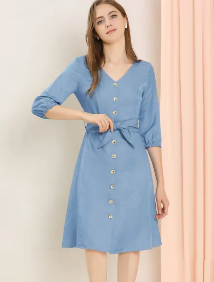 Allegra K- V Neck 3/4 Sleeve Belted Shirt Dress