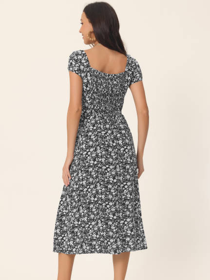 Allegra K - Casual Short Sleeve Flowy Midi Floral Dress