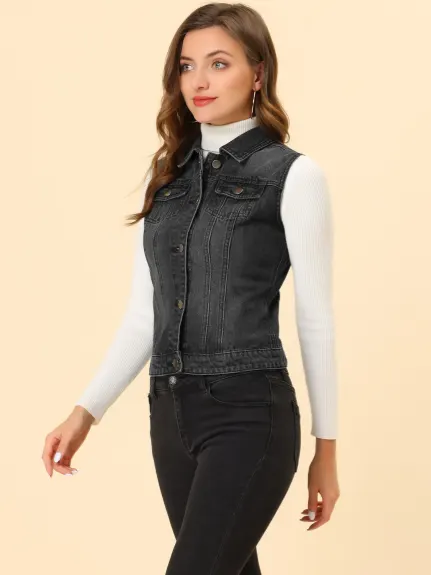 Allegra K- Gilet boutonné en denim délavé avec poches à rabat