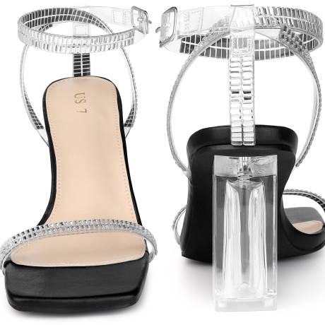 Allegra K- Rhinestone Strap Clear Block Heels Sandals