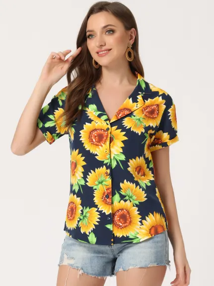 Allegra K- Beach Tropical Floral Leaves Button Down Shirt