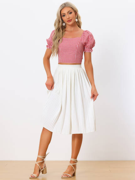 Allegra K- Smocked Crop Bubble Sleeve Tops