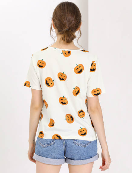 Allegra K- Short Sleeve Pmpkin Banana Print Cute T-Shirt