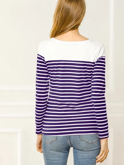 Allegra K- Color Block Long Sleeve Stripe T-Shirt