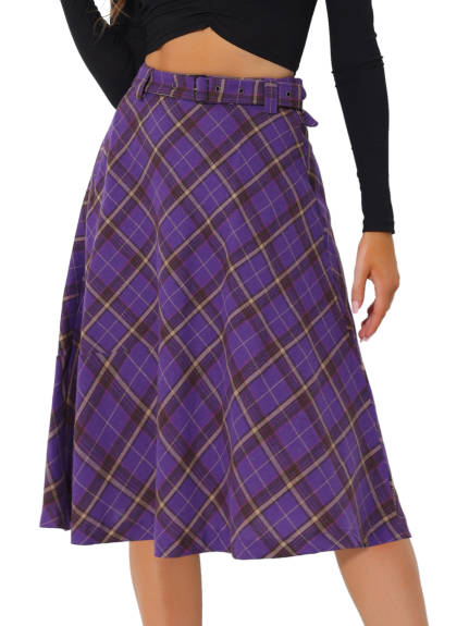 Allegra K- Plaid Tartan Belted A-Line Midi Skirt