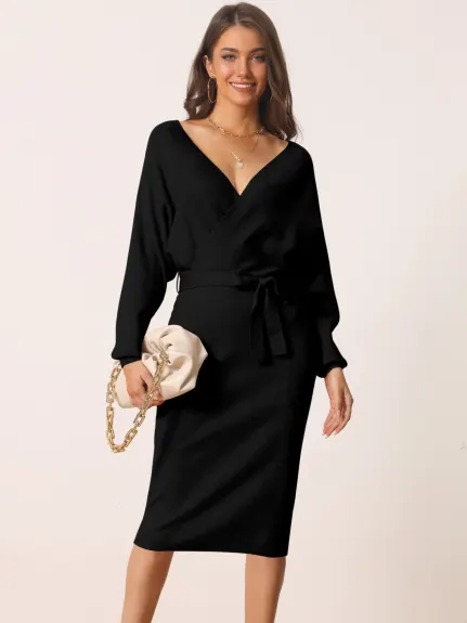 Seta T- Deep Wrap V Neck Batwing Belted Midi Sweater Dress with Belted