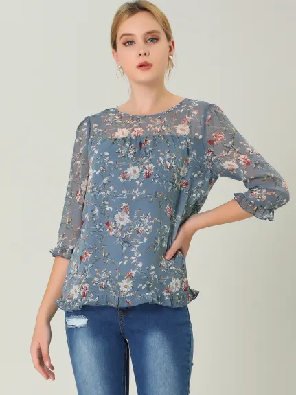 Allegra K- Floral Ruffled 3/4 Sleeve Chiffon Blouses