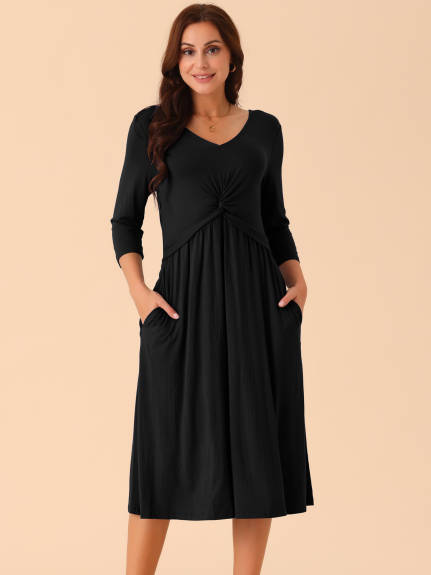 Allegra K - Twist Knot Front 3/4 Sleeve Midi Dress