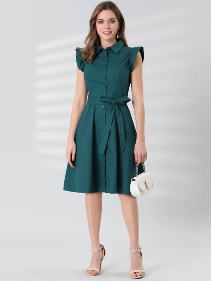 Allegra K- Cotton Shirtdress Ruffled Sleeve Tie Waist Button Dress