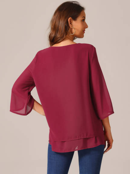 Allegra K - Casual Round Neck 3/4 Sleeve Chiffon Blouse