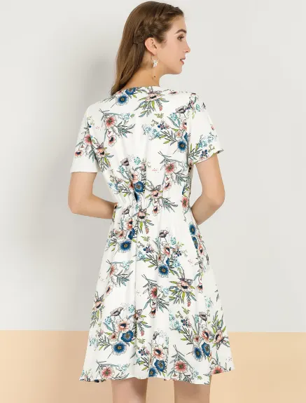 Allegra K- Floral Short Sleeves A-Line Dress