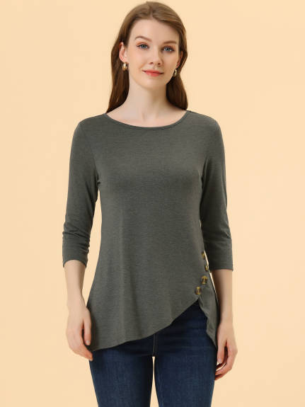 Allegra K- 3/4 Sleeve Tunic Asymmetry Button Top