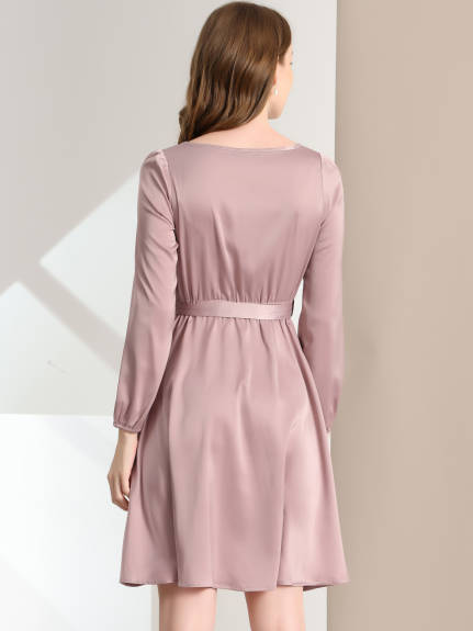 Allegra K- Round Neck Keyhole Belted Long Sleeve Satin Dress