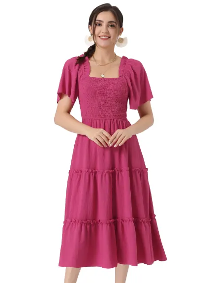 Allegra K- Short Sleeve Tiered Smocked Dress