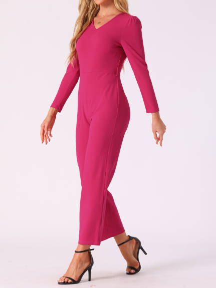 Allegra K - V Neck Long Sleeve Tie Waist Jumpsuit