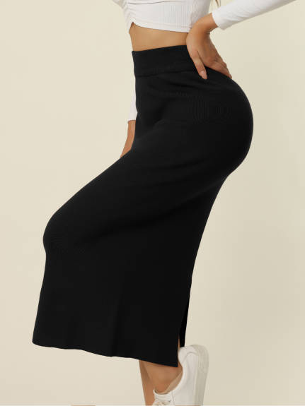 Allegra K - Ribbed Knit Slit Stretchy Bodycon Skirt