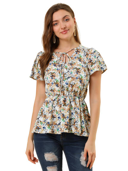 Allegra K - Summer Floral Flutter Sleeves Tie Neck Peplum Top