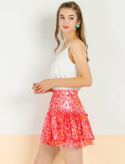 Allegra K- Floral Print A-Line Ruffle Mini Skirt