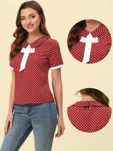 Allegra K- Polka Dots Blouse Contrast Tie Shirt