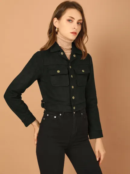 Allegra K- Faux Suede Notched Collar Button Up Cropped Jacket