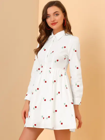 Allegra K- Long Sleeve Half Placket Embroidered Floral Mini Dress