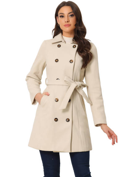 Allegra K - Double Breasted Belted Winter Pea Coat