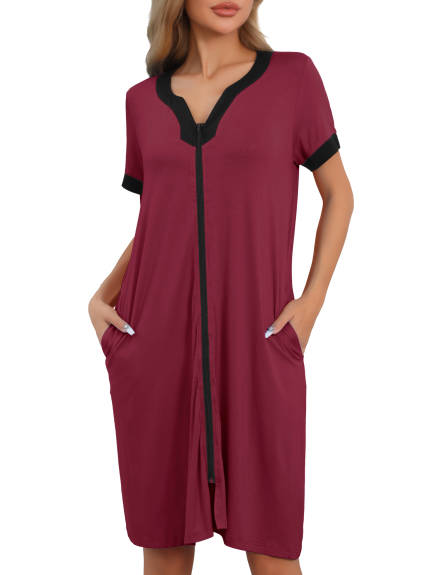 Cheibear - Zipper Front Short Sleeve Nightgown