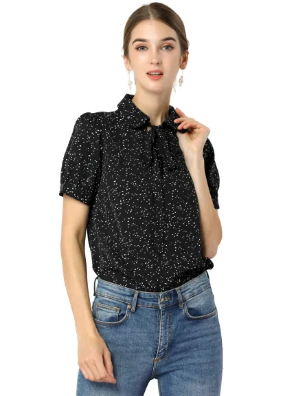 Allegra K- Retro Dots Short Sleeve Pan Collar Chiffon Blouse