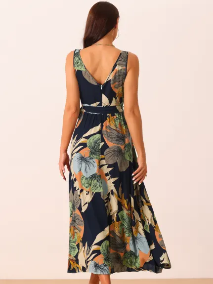 Allegra K- V Neck Floral Split Belted Sundress