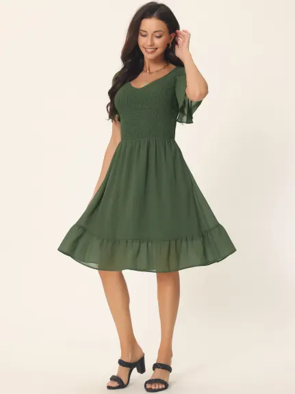 Allegra K - Summer Solid Smocked Chiffon Dress