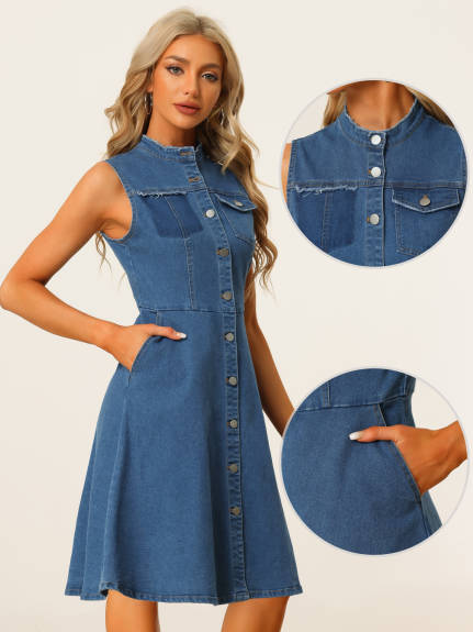 Allegra K- Sleeveless Distressed Jean Denim Midi Dress