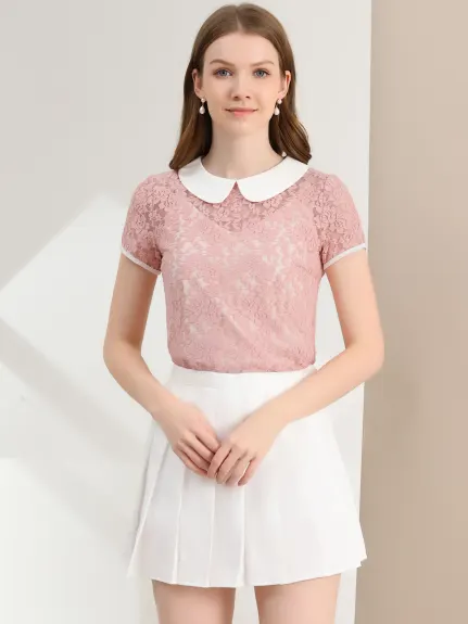 Allegra K- Contrast Peter Pan Collar Sheer Lace Top