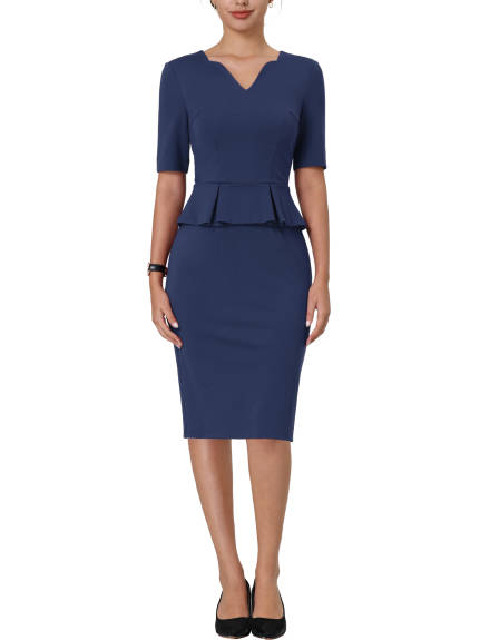 Hobemty- V Neck Peplum Pencil Sheath Dress