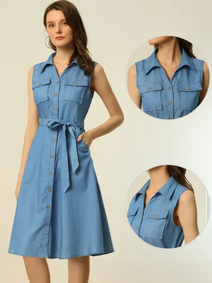 Allegra K- Belt Button Down A-Line Chambray Dress