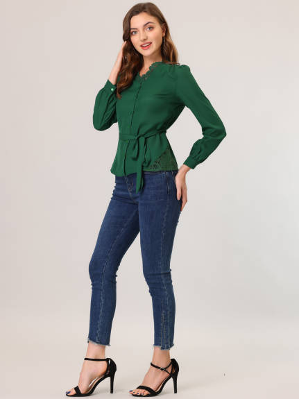 Allegra K - Lace Trim Tie Waist Long Sleeve Blouse