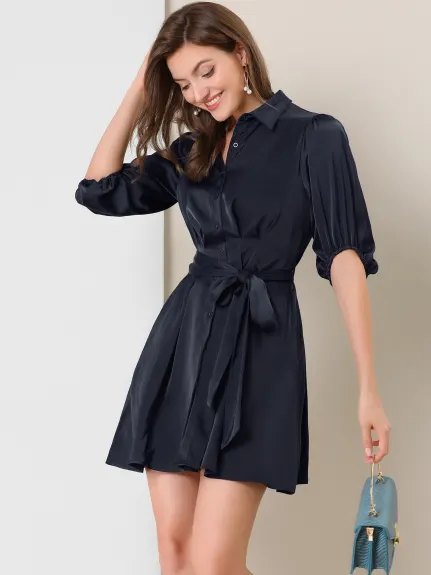 Allegra K- Pleated Waist Belted A-Line Shirt Dress