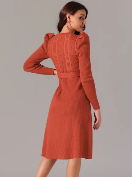 INSPIRE CHIC - Robe midi à manches longues bouffantes avec ceinture