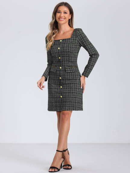 INSPIRE CHIC - Tweed Plaid Long Sleeve Sheath Dress