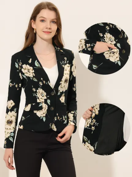 Allegra K- Blazer fleuri à revers cranté et fermeture à bouton