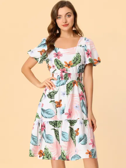 Allegra K- Chiffon Puff Sleeve Tiered Hem Tropical Print Dress