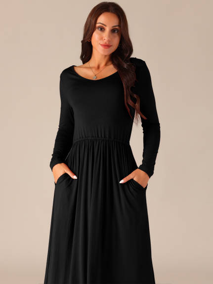 Allegra K - Crewneck Long Sleeve Midi Swing Dress