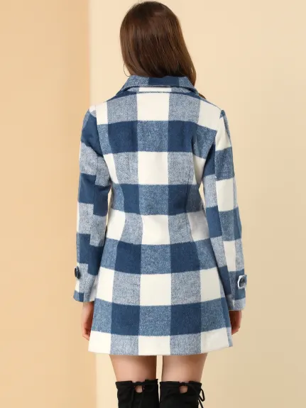 Allegra K- Notched Lapel Double Breasted Plaid Overcoat