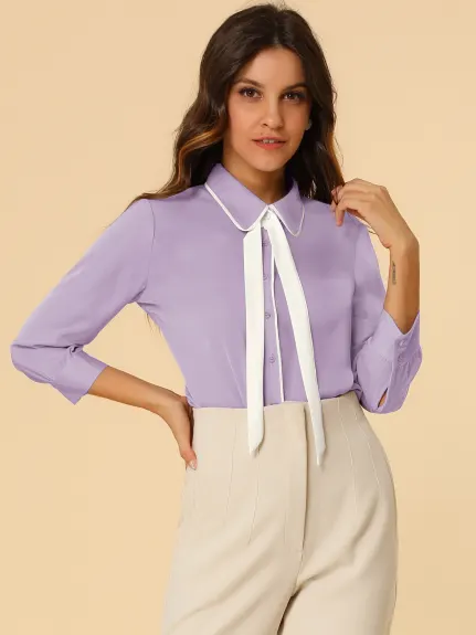 Allegra K- 3/4 Sleeve Contrast Color Tie Neck Shirt