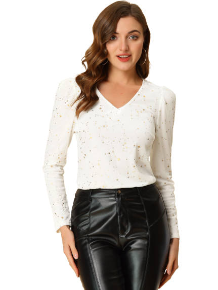 Allegra K- Velvet V-Neck Long Sleeve Shiny Stars Top